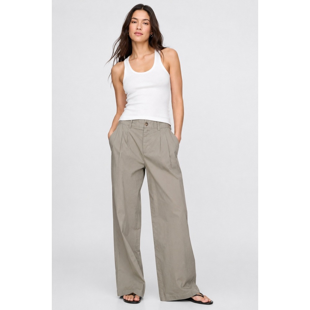 Lands' End Women's Pleated Wide Leg Chino Pants Khaki Tan Size 12 Cotton Blend